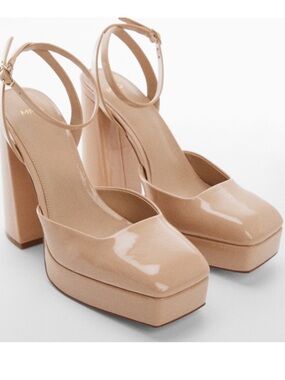 Mango Platform Block Heel Ankle-Strap Pumps in Nude NWT